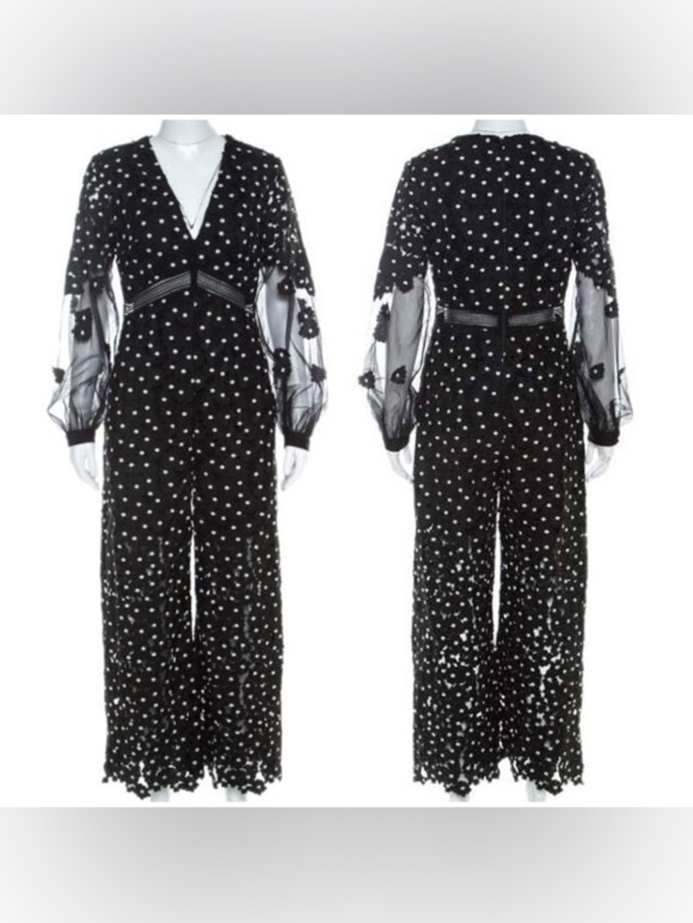 Self-Portrait Black Polka Dot Mesh Sleeve Jumpsuit with Embroidered Accents